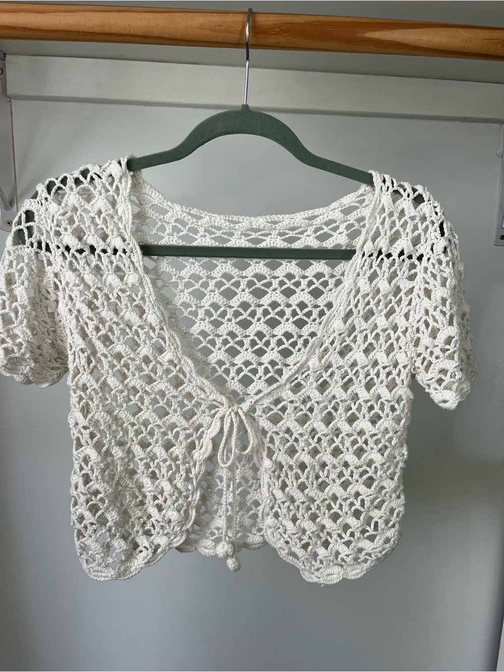 Y2K Whimsical Handmade Crochet Tie-Front Short Sleeve Cardigan - Picture 1 of 13